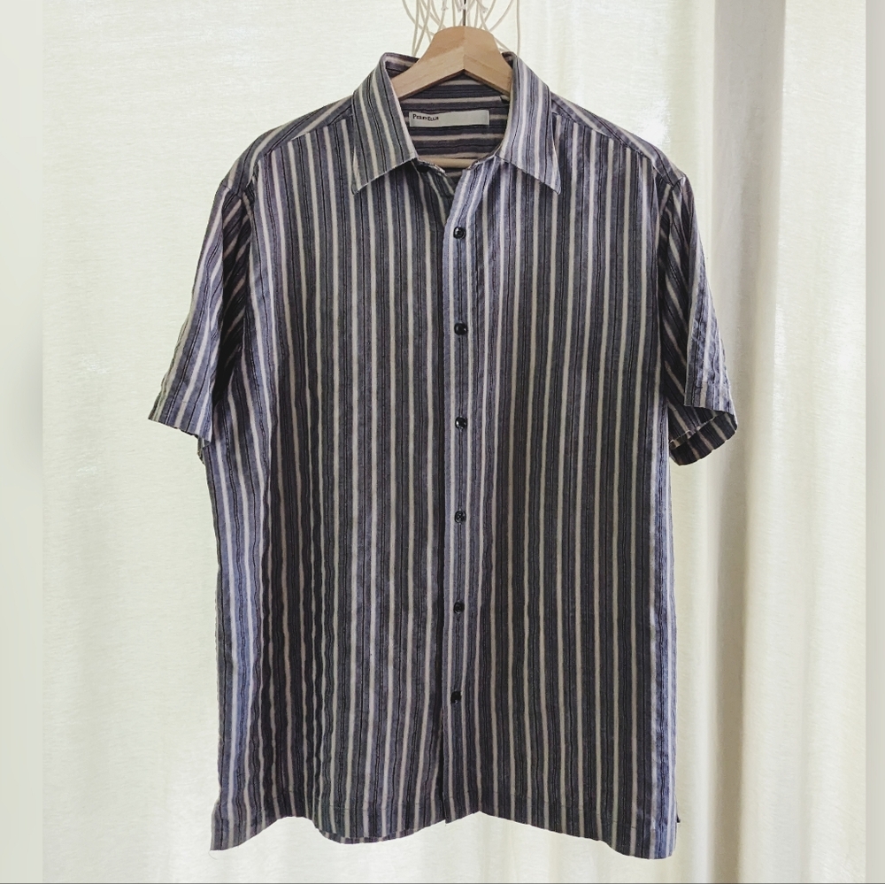Perry Ellis Large Linen Blend Button Up Shirt, Striped